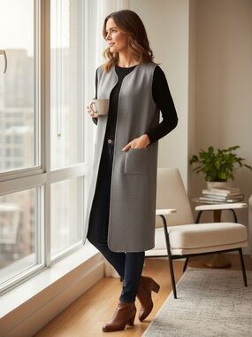 OAK + Fort contemporary grey long duster neoprene neutral minimalist vest OSFM